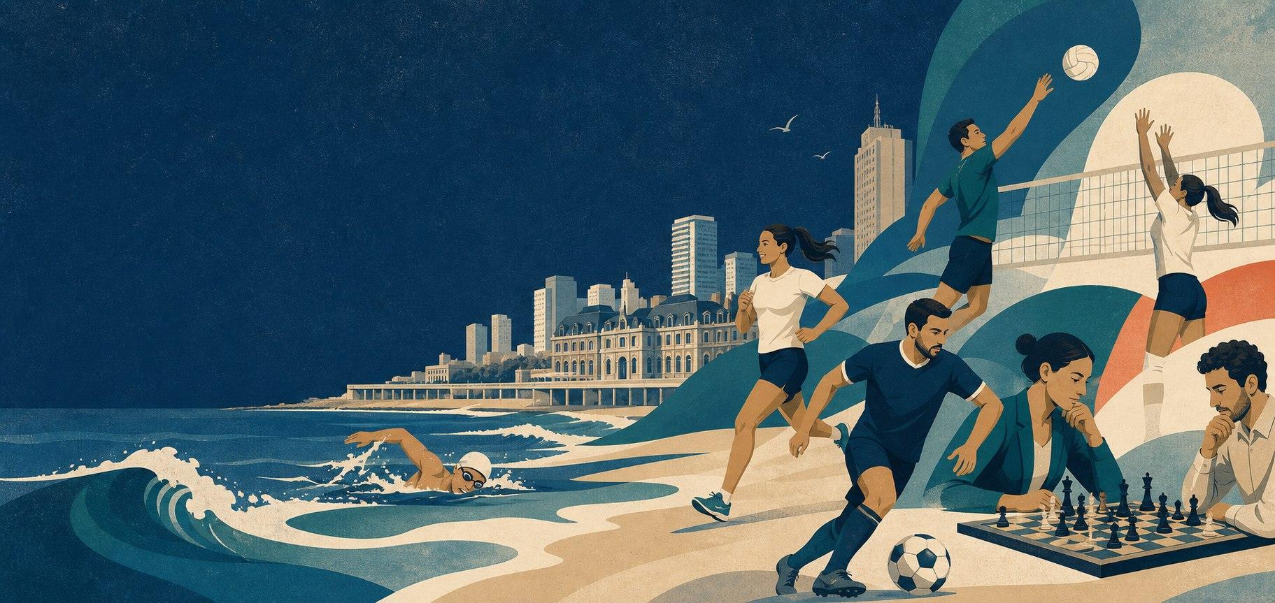 Ilustración editorial de las Jornadas Deportivas en Mar del Plata